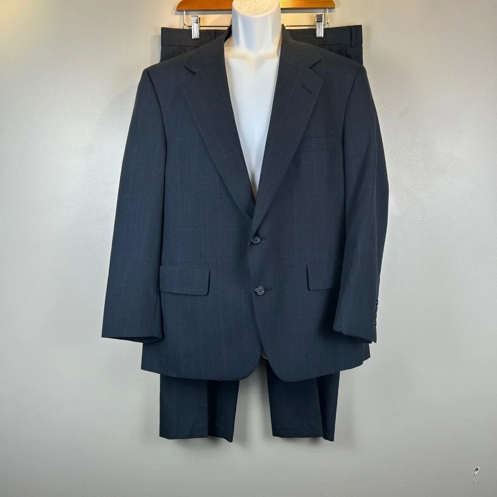 VTG Palm Beach Made in USA Men's Charcoal Grey Windowpane Two Piece Suit 42R 36W